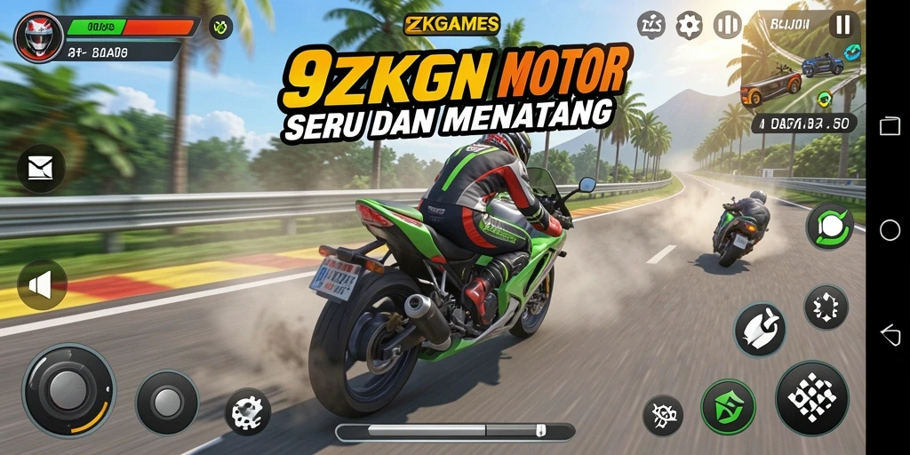 Screenshot menunjukkan aksi balapan motor yang mendebarkan di 9ZKGAMES.