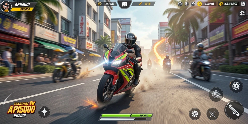 Screenshot gameplay API5000 yang menampilkan balapan motor yang mendebarkan.
