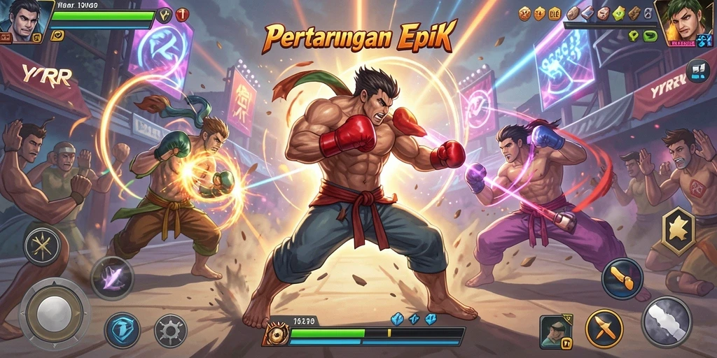 Screenshot utama YYRR yang menampilkan aksi pertarungan seru.