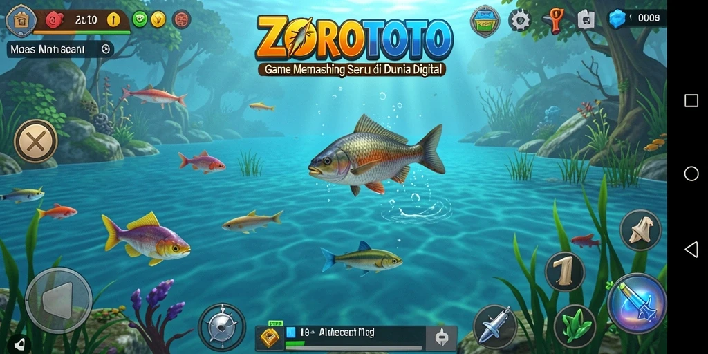 Screenshot gameplay ZOROTOTO menampilkan aksi memancing yang seru dan menantang.